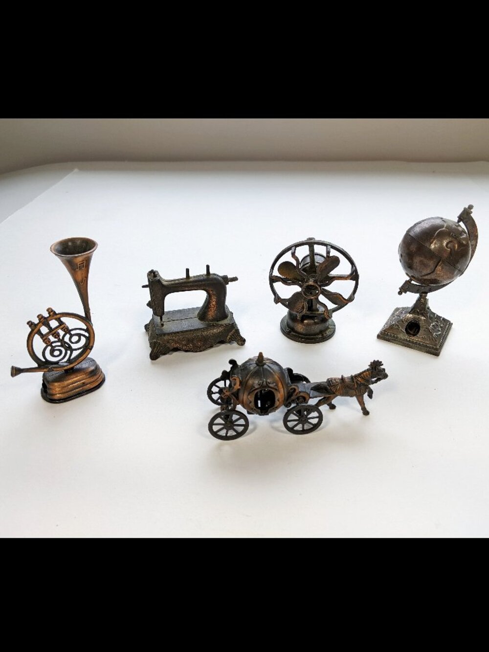 5 Vintage Metal Pencil Sharpeners Lot Globe, Sewing Machine, Fan Horn Cinderella